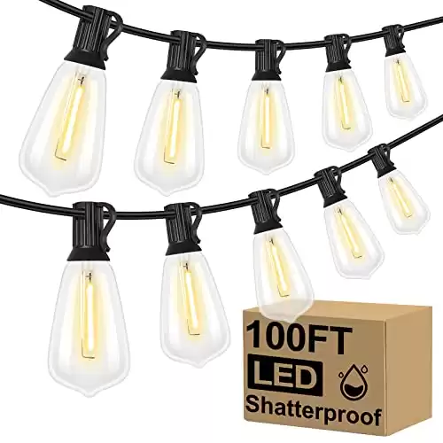 LED Outdoor String Lights 100FT Patio Lights with 52 Shatterproof ST38 Vintage Edison Bulbs, Outside Hanging Lights Waterproof for Porch, Deck, Garden, Backyard, Balcony, 2700K Dimmable