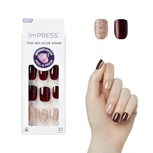 KISS imPRESS No Glue Mani Press On Nails, Design, 'No Other', Red, Short Size, Squoval Shape, Includes 30 Nails, Prep Pad, Instructions Sheet, 1 Manicure Stick, 1 Mini File