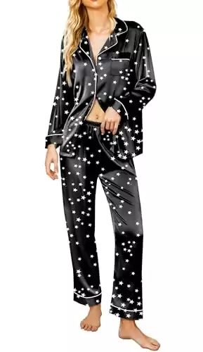 Ekouaer Silk Satin Pajamas Women's Long Sleeve Pj Set Soft Button Down 2 Piece Sleepwear Loungewear Black with White Star,M