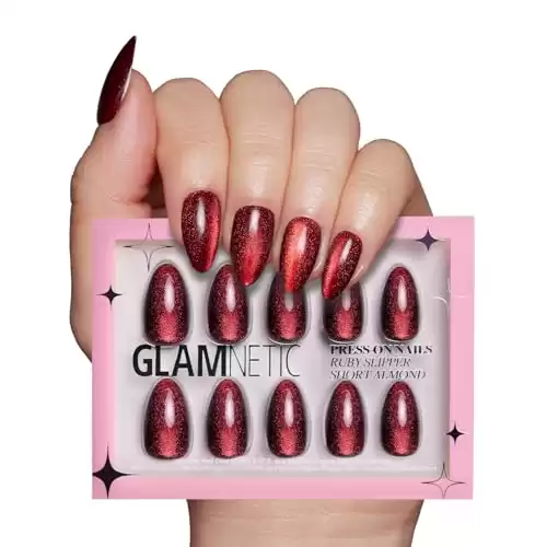 Glamnetic Press On Nails - Ruby Slipper | Deep Red Sparkly Short Almond Fake Nails with a Velvet Finish, Reusable | 15 Sizes - 30 Nail Kit with Glue