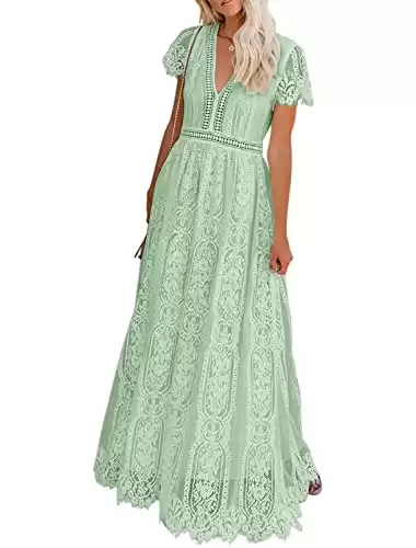 MEROKEETY Women's 2024 V Neck Short Sleeve Floral Lace Wedding Dress Bridesmaid Cocktail Party Maxi Dress, Mint, Medium