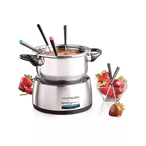 Nostalgia 6-Cup Electric Fondue Pot Set for Cheese & Chocolate - 6 Color-Coded Forks, Temperature Control - Stainless Steel Kitchen Gadgets and Appliances for Hors d'Oeuvres and More - Stainl...