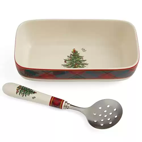 Spode Christmas Tree Tartan Cranberry Sauce Serving Dish with Slotted Spoon (8"x 4.25") - Rectangular Holiday Server with Plaid Border - Dishwasher, Microwave, Freezer Safe Serveware for Ent...