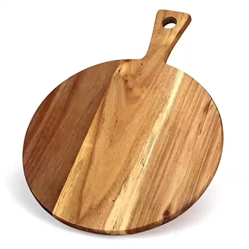 Acacia Wood Cutting Board with Handle Wooden Chopping Board Paddle Round Cutting Boards for Kitchen Meat Bread Serving Board Charcuterie Boards Chopping Blocks Circular Circle Pizza Cheese Board