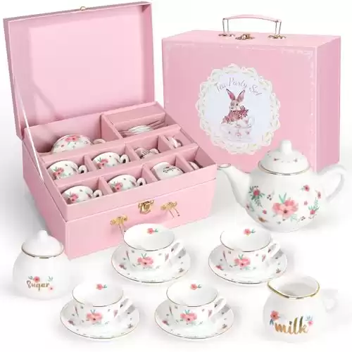 Porcelain Tea Set for Girls, Tea Party Set for Little Girls, Kids Tea Set Kitchen Pretend Play, Princess Tea Time Playset with Teapot Cups Carry Case, Toddler Girl Toys Birthday Gifts Age 3+