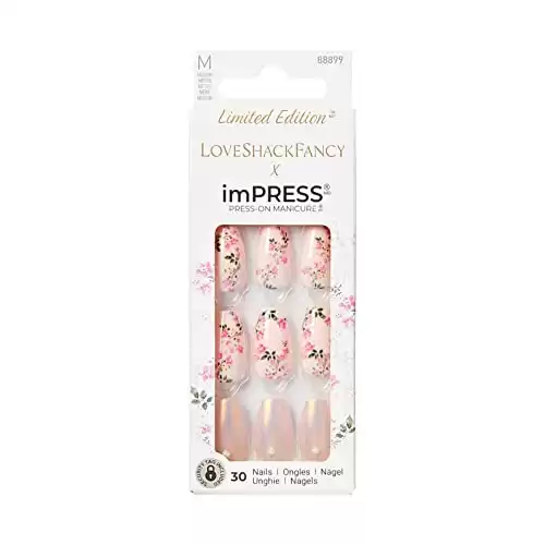 KISS LoveShackFancy x imPRESS Press-On Manicure Limited Edition, Style "Rosie Peach Sky" Medium Coffin Pink Press-On Nails, Includes Prep Pad, Mini Nail File, Cuticle Stick, & 30 Fake Na...