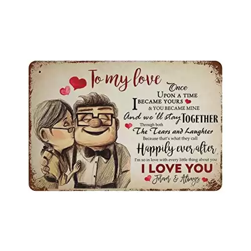 VIOFLOW Vintage Metal Tin Sign Carl And Ellie To My Love Once Upon A Time I Became Yours I Love You Valentine's Day Sign Funny Novelty Kitchen Bar Garage Home Decor Wall Art Tin Signs 8X12 Inches