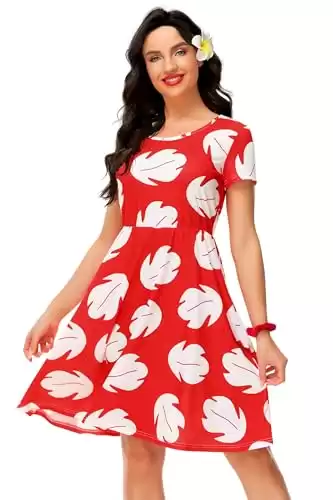 Adult Halloween Lilo Costume Dresses Red Leaf Short Sleeve Cute Flare Dress Cosplay T-Shirt Dress XL