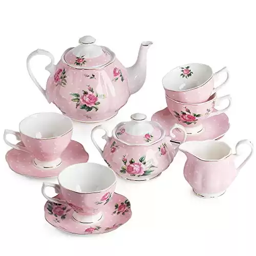 BTaT- Floral Tea Set, Tea cups (8oz), Tea Pot (38oz), Creamer and Sugar Set, Gift box, China Tea Set, Tea Sets for Women, Tea Cups and Saucer Set, Tea Set for Adults, Christmas Gifts