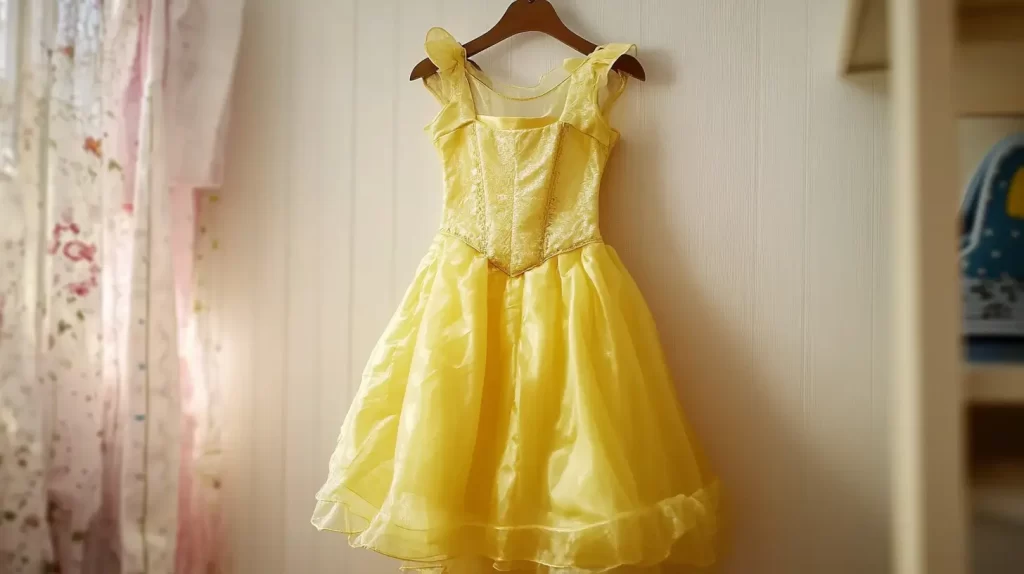 Belle dress hanging on a wooden hanger