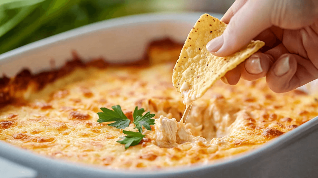 buffalo chicken dip with person dipping a chip into it