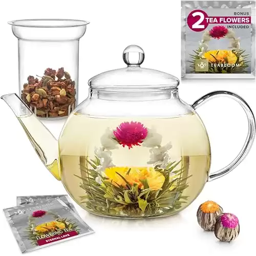 Teabloom Stovetop & Microwave Safe Glass Teapot (40 oz) with Removable Loose Tea Glass Infuser Includes 2 Blooming Teas 2-in-1 Tea Kettle and Tea Maker