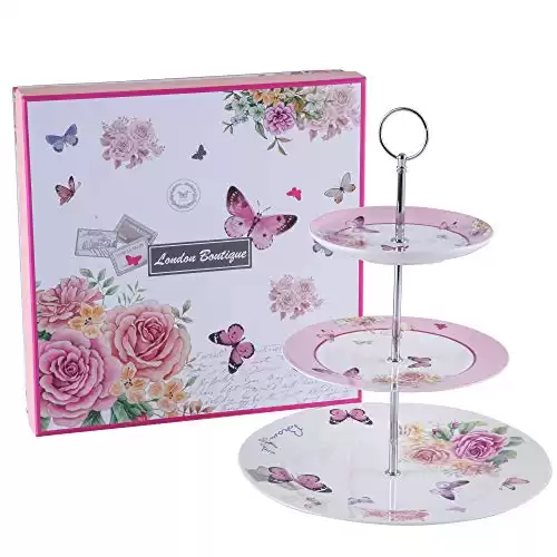 London Boutique 3 Tiered Cake Stands Afternoon Tea Porcelain Shabby Chic Vintage Rose Flora in Gift Box (Butterflies)