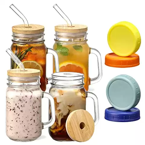 Mason Jars with Handle, Glass Mugs with Straws and Bamboo Lids & Colorful Airtight Lids 4pcs Set, 16oz Drinking Glass Cups, Travel Tumbler for Iced Coffee, Smoothie, Overnight Oats Containers