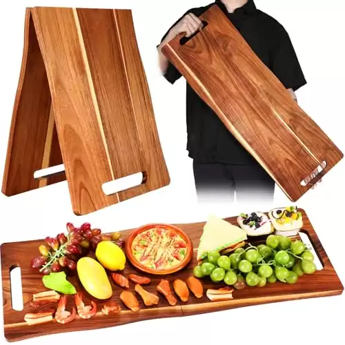 Acacia Large Charcuterie Board, Wood Charcuterie Boards with Handles Foldable Travel 33 x 12 Inch Cheese Board Charcuterie Serving Board with Food Meat Party Appetizers (Large, Rectangular)