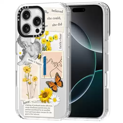 MOSNOVO Case for iPhone 16 Pro Max, [Buffertech 6.6ft Military-Grade Drop Protection] [Anti Peel Off Tech] Clear TPU Bumper Phone Case Cover Design - Vintage Collage Art