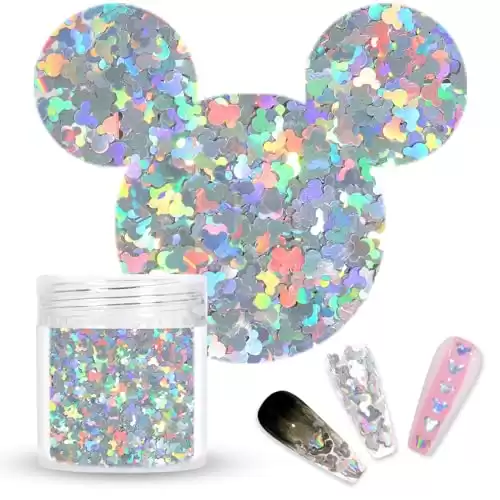 Laza 2g Chunky Glitter Mickey Mouse Shaped Confetti Nail Charms Holographic Sequins Stickers Sparkle for DIY Crafts Nail Art Decoration Party Face Body Make Up Resin - Laser Silver