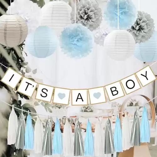 Baby Shower Decorations Boy (Blue, White, Grey)- It's A Boy Banner, Tissue Paper Poms, Paper Lanterns and Tassels Garland- Baby Boy Gender Reveal Birthday Party Decorations