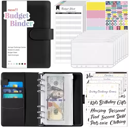 Sooez Budget Binder with Money Saving Challenge, Money Saving Binder with Cash Envelopes, Expense Sheets, Challenge Tracker & Category Labels, Envelope Savings Challenges Book for Home Office Scho...