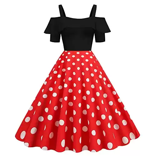 Women's Off Shoulder Strap Polka Dots 1950s Vintage Dress Red M