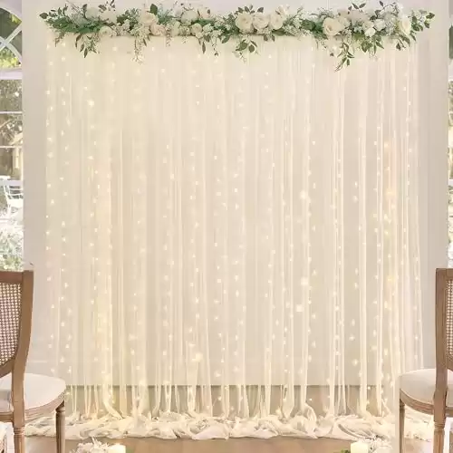 Champagne Tulle Backdrop Curtain with Lights String for Parites Wedding 10x8ft Champagne Sheer Backdrop Curtains for Bridal Shower Baby Shower Birthday Party Christmas Photo Booth Props Decorations