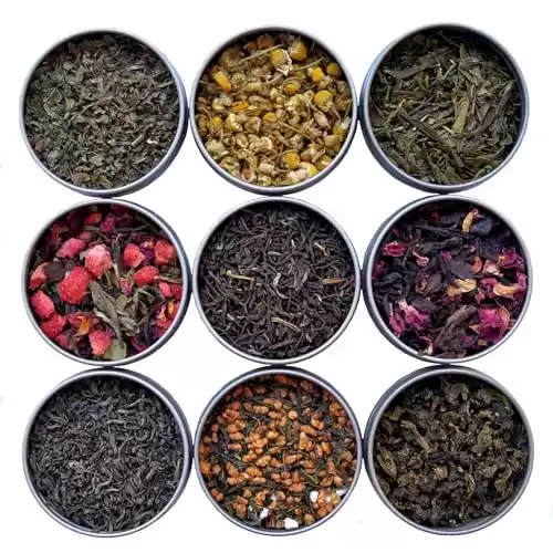 Heavenly Tea Leaves 9 Flavor Variety Pack, Loose Leaf Tea Sampler Gift Set (Approx. 90 Cups of Tea) High to No Caffeine, Great Hot or Iced, Assortment of Green, Herbal, Black, & White Teas