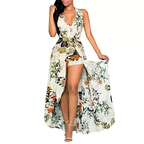 Women's Summer Off Shoulder Halter Floral Rayon Party Split Maxi Romper Dress Long Summer Beach Sundress