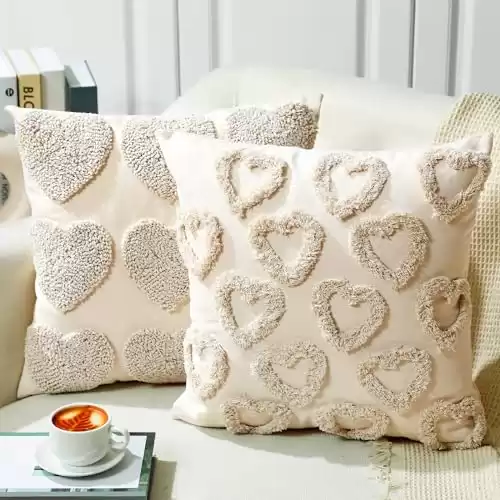 2 Pcs Valentine's Day Throw Pillow Covers with Hearts Decorative Accent - 18 x 18 Inches