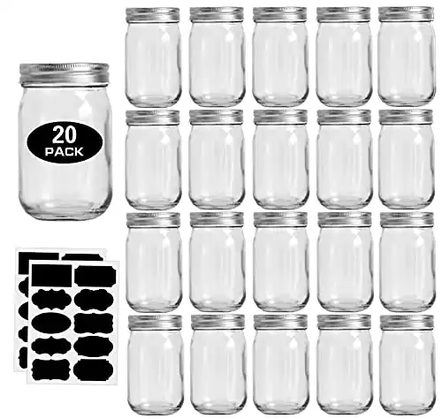 12oz Glass Jars With Lids Regular Mouth 20 Pack -Mason Jars 12 oz For Crafts, Meal Prep, Canning Jars For Food Storage Frascos De Vidrio Con Tapa Para Conservas-with 20 Chalkboard Stickers-Silver Lid