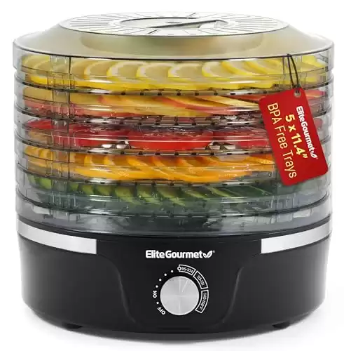 Elite Gourmet EFD319 Food Dehydrator, 5 BPA-Free 11.4" Trays Adjustable Temperature Controls, Jerky, Herbs, Fruit, Veggies, Dried Snacks, Black