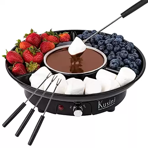 Electric Fondue Pot Set - Chocolate Fondue Kit - Temperature Control, Detachable Serving Trays, & 4 Roasting Forks