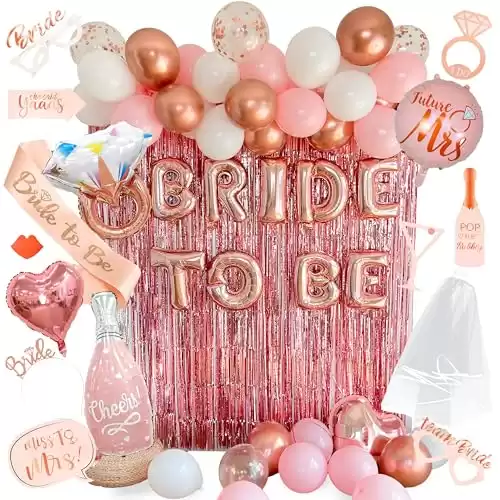 VIDAL CRAFTS Rose Gold Bridal Shower Decorations - Ideal for Bridal Shower & Bachelorette Party Decor with Latex & Confetti Balloons, Bride Banner, Bridal Veil, Fringe Curtains, Bride Sash, an...