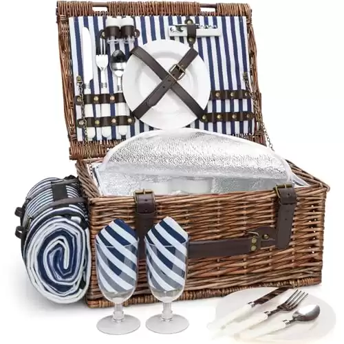 Picnic Basket for 2 Persons - Baskets with Cooler and Picnic Blanket, Classical Wicker Picnic Basket with Waterproof & Sand-Proof Beach Mat,Willow Hamper Service Set