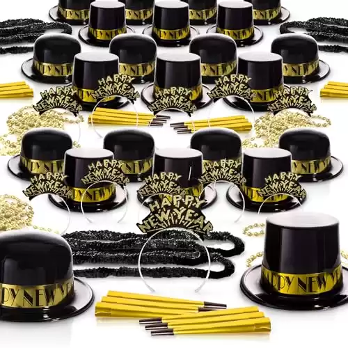 New Year s Eve 2025-250 piece 100 guest kit - black and gold with top hats, tiaras, leis, horns, & bead necklaces - all the kit supplies your guests need in bulk