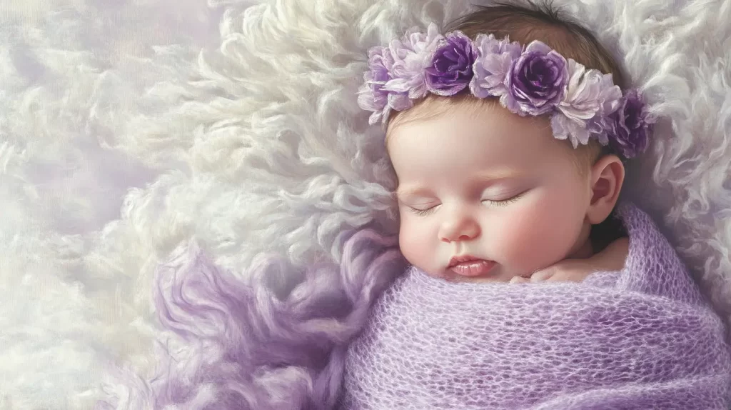 baby girl wrapped in a lavender muslin wrap