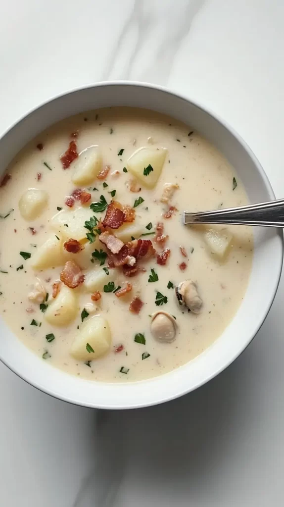 clam chowder recipe, chowder in a white bowl with a spoon