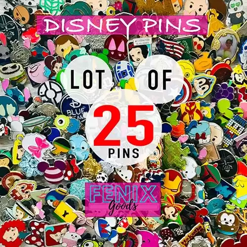 Cute Disney Trading Pin Lot Mixed Pins with Lanyard - Tradable Metal Set Mickey Head Backing - 100% Tradable at Parks Collector- No Doubles - Assorted Pin Lot (25 Pin Lot & Disney Lanyard)