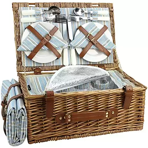 Wicker Picnic Basket Set for 4 Persons | Large Willow Hamper with Large Insulated Cooler Compartment, Waterproof Blanket and Cutlery Service Kit-Classical Brown