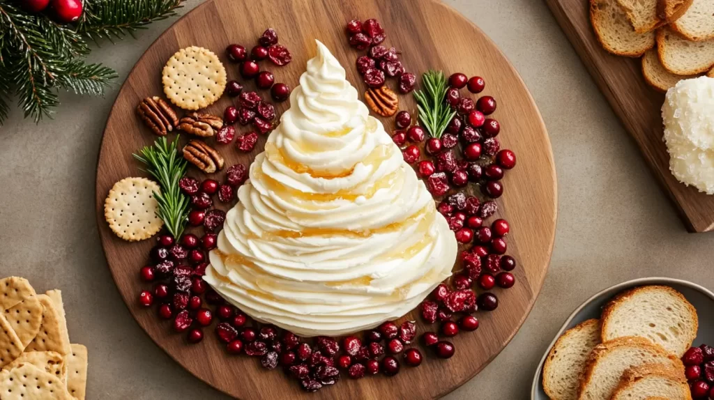 Christmas tree made of butter with cranberries surrounding it 