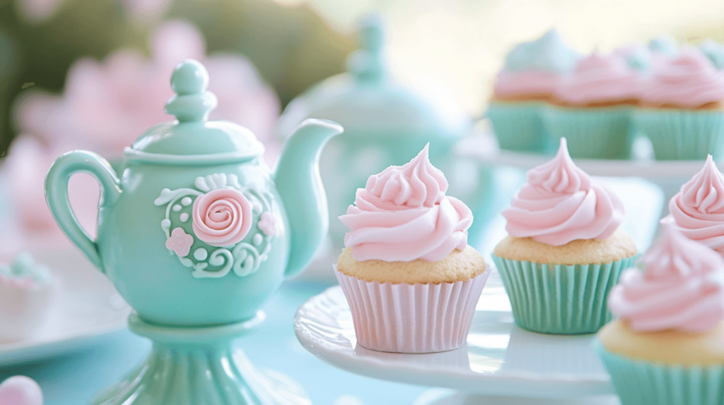 with and teal cupcakes with a teapot