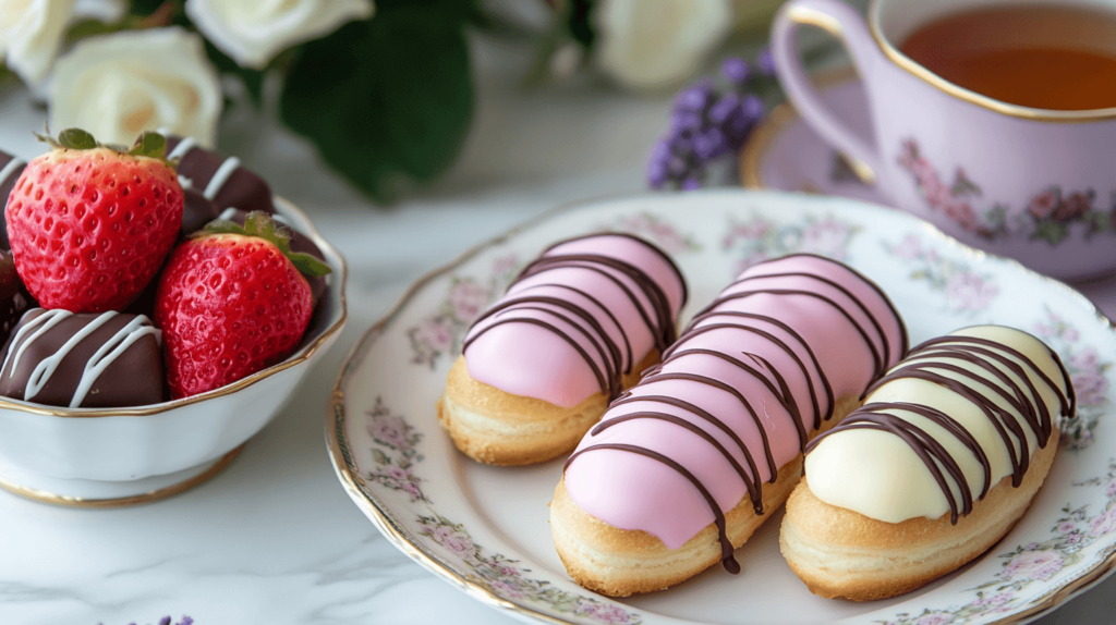 tea party aesthetic eclairs and strawberries with a tea cup of tea