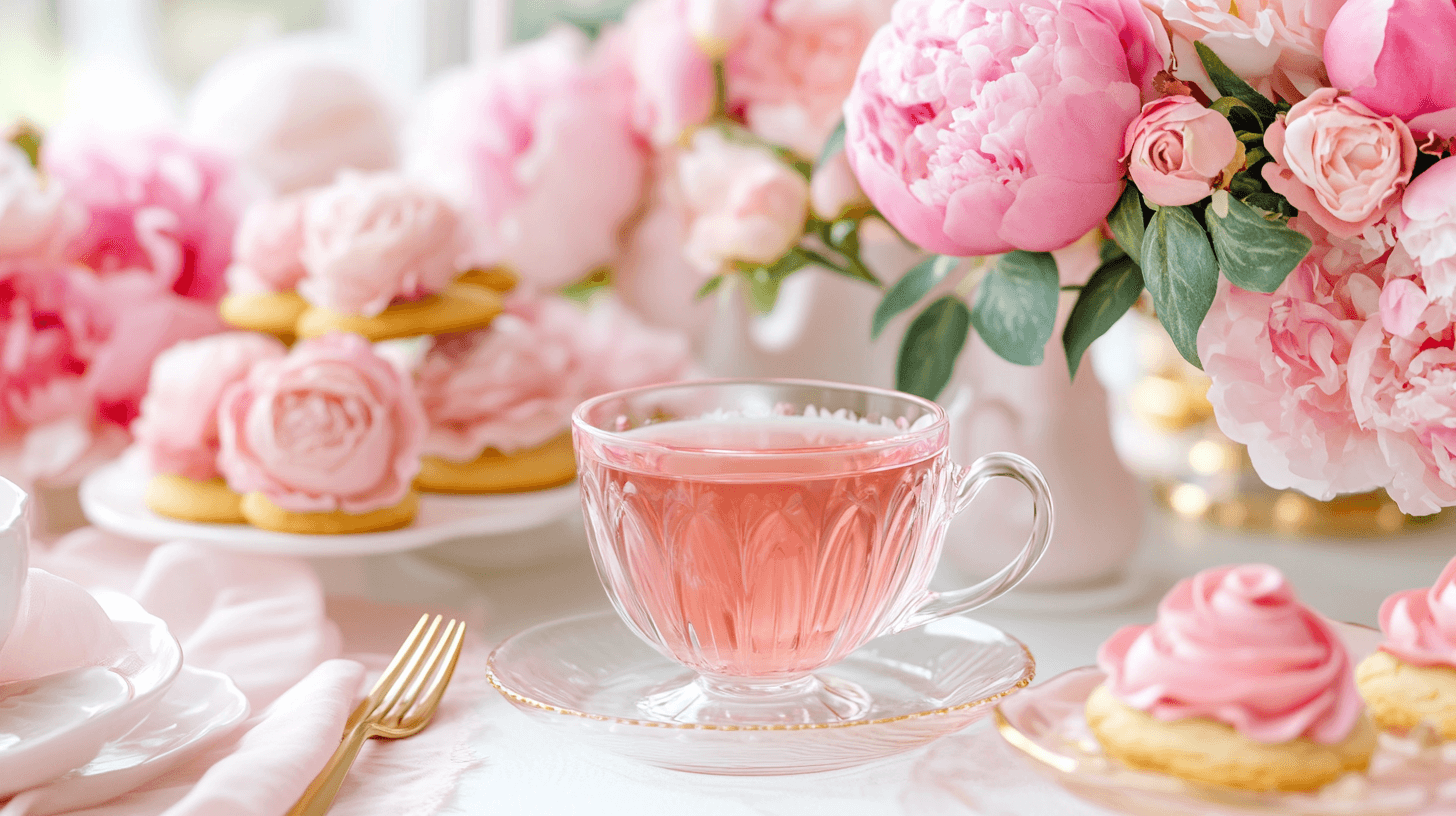 pink tea in a clear glass with pink flowers surrounding