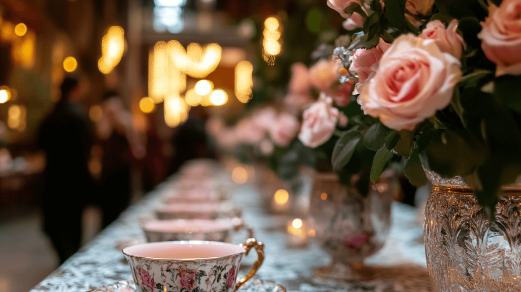 tea cups in a line on the table with floral decor