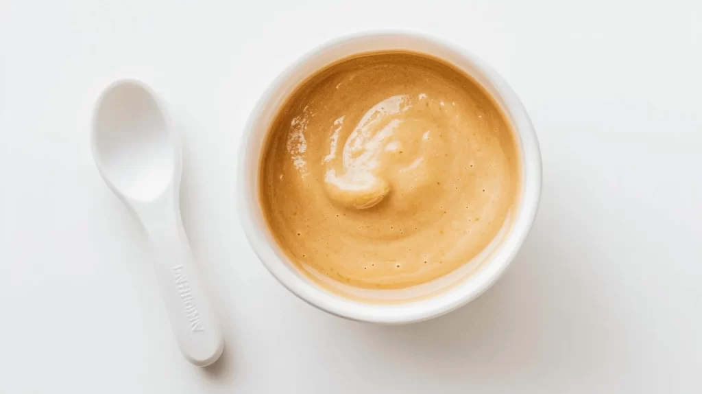 pureed food in a bowl with a spoon