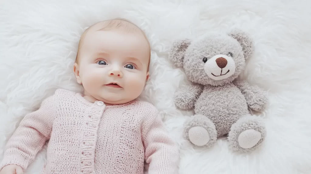 smiling baby girl in a crib lying on back