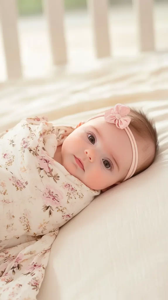 baby girl in a floral wrap lying in the crib