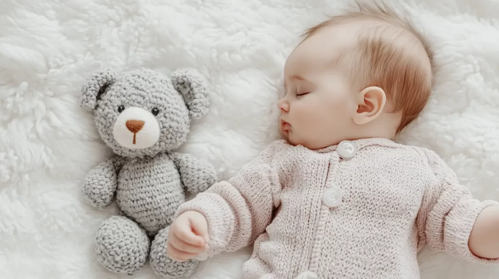 baby girl names, baby girl lying next to a stuffed teddy bear