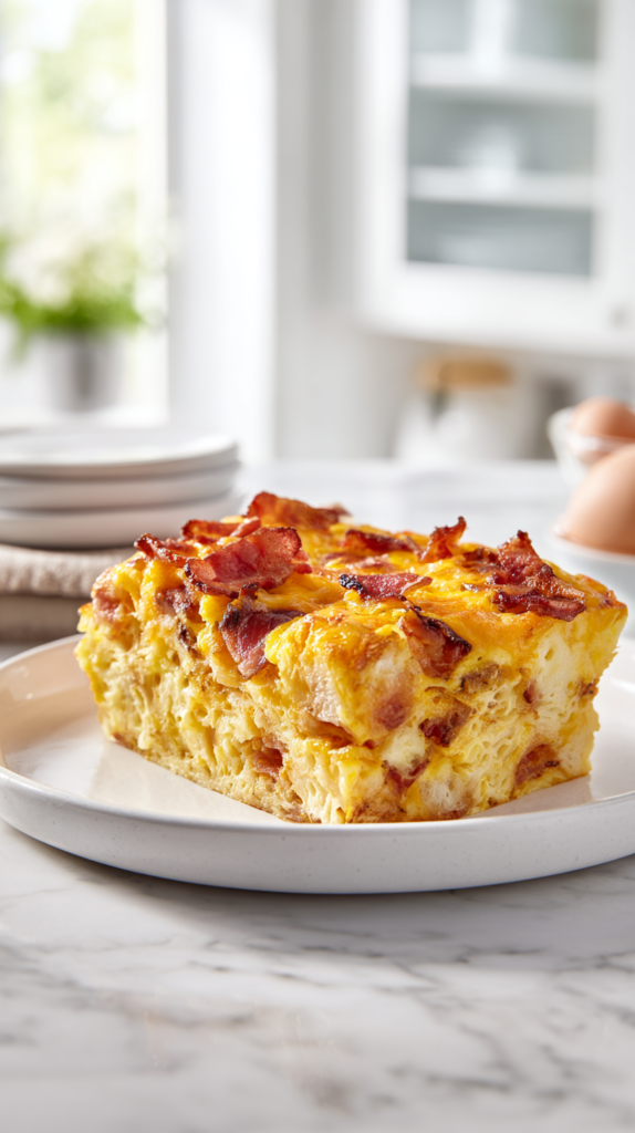 A thick slice of bacon breakfast casserole on a white plate with eggs, cheddar cheese, bacon, and bread cubes.