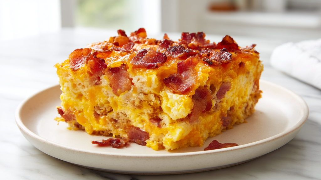 Homemade bacon breakfast casserole slice on a white ceramic plate with a golden cheesy top and visible bacon.