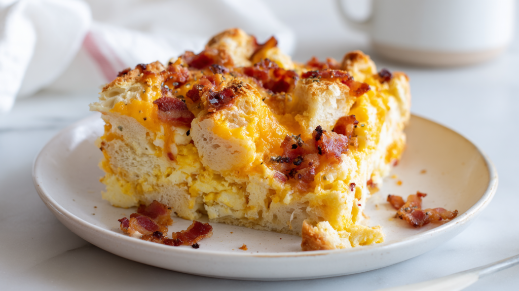Homemade bacon breakfast casserole slice on a white ceramic plate with a golden cheesy top and visible bacon on a white plate.